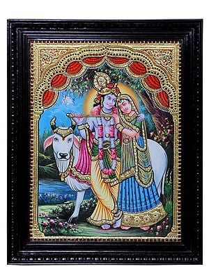 Tanjore Painting of Standing Radha Krishna with Cow | Traditional Colors with 24 Karat Gold | With Frame
