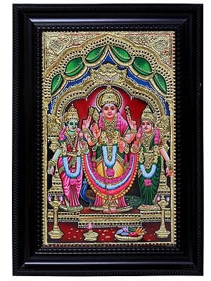 Tanjore Painting of Lord Murugan with Valli and Devasena | Traditional Colors with 24 Karat Gold | With Frame