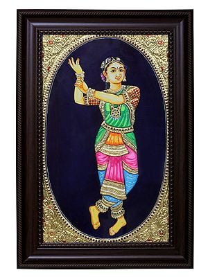Bharatanatyam Dancing Lady | Traditional Colors with 24 Karat Gold | With Frame