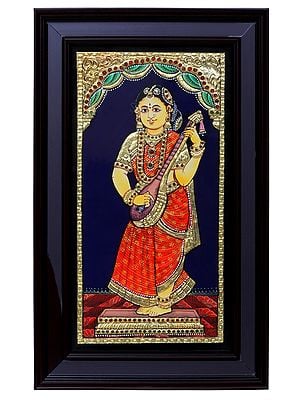 Standing Lady with Veena | Traditional Colors with 24 Karat Gold | With Frame