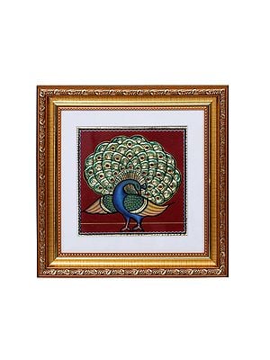 Peacock with Long Tail | Tanjore Art with Gold Foil Work | With Frame