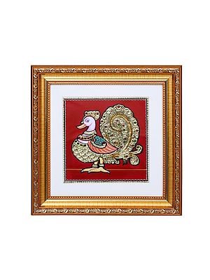Peacock with Golden Tail | Tanjore Art with Gold Foil Work | With Frame