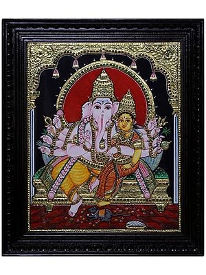 Lord Ganesha With Goddess Lakshmi Tanjore Painting|Traditional Colour With 24 Karat Gold|With Frame