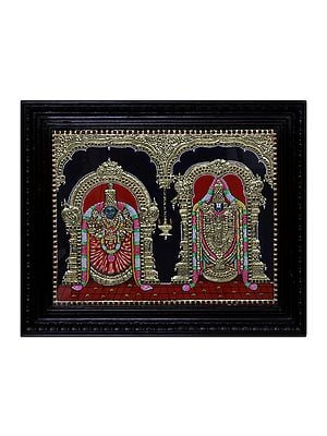 Tirupati Balaji with Padmavathi Thayar Tanjore Painting | Traditional Colour With 24 Karat Gold | With Frame