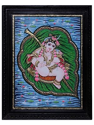 Lord Bala Krishna (Vithoba) On Leaf Tanjore Painting|Traditional Colour With 24 Karat Gold|With Frame