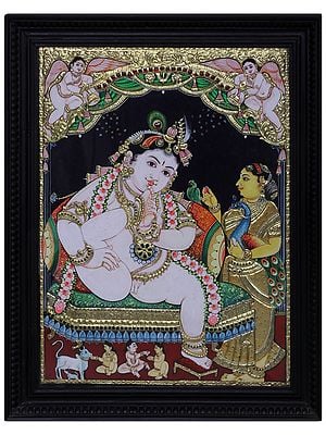 Lord Bala Krishna Tanjore Painting|Traditional Colour With 24 Karat Gold|With Frame