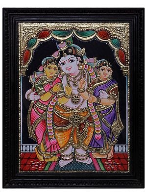 Lord Krishna with Satyabhama and Rukmini Tanjore Painting | Traditional Colour With 24 Karat Gold | With Frame