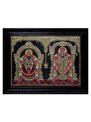 Lord Balaji With Goddess Padmavathi Tanjore Painting|Traditional Colour With 24 Karat Gold|With Frame