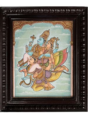 Tanjore Painting of Lord Vishnu with Goddess Lakshmi on Garuda | Traditional Colors with 24 Karat Gold | With Frame