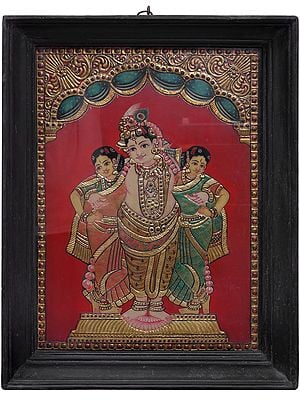 26" Lord Krishna With Rukmini And Satyabhama Painting | Traditional Colors with 24 Karat Gold | With Frame