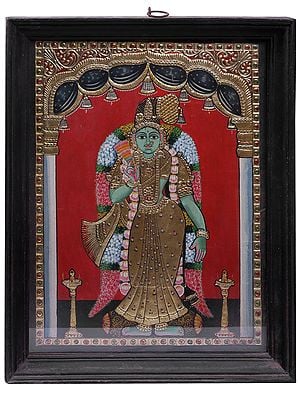 26" Goddess Meenakshi Painting | Traditional Colors with 24 Karat Gold | With Frame