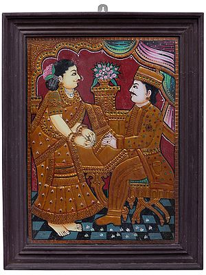 29" Lady and Man Tanjore Painting | Traditional Colors with 24 Karat Gold | With Frame