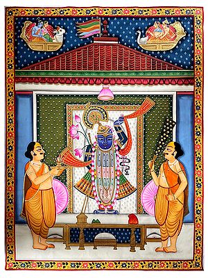 Hindu God Shrinathji Being Worshipped | Pichwai Art