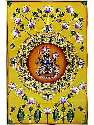 Lord Krishna Seated Inside Beautiful Flower Background | Pichwai Art
