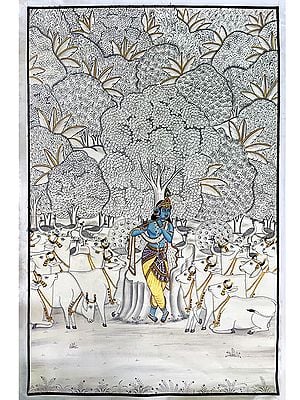 God Krishna Playing Flute For Animals | Pichwai Art