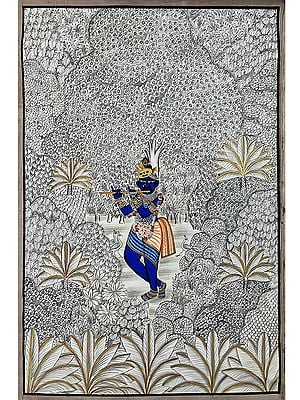 Lord Shrinathji Playing Flute In Forest | Pichwai Art