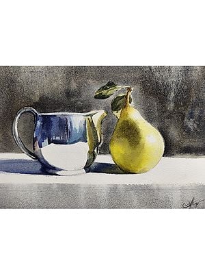 Beautiful Jug Beside Fresh Pear | Watercolor On Paper