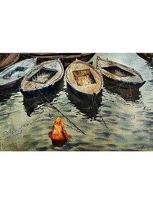 The Woman In Front of Boat Painting | Watercolor on Paper