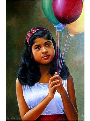 Girl Hold Balloons | Acrylic on Canvas | Painting By Jugal Sarkar