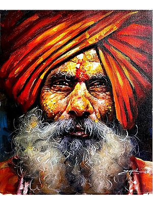 Old Sadhu In Turban | Acrylic on Canvas | Painting By Jugal Sarkar