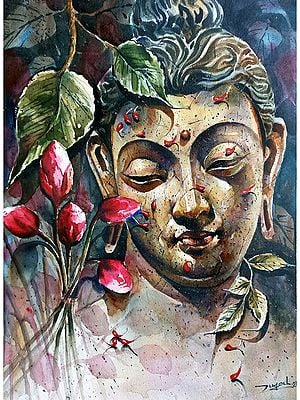 Lord Buddha With Tulip | Water Color | Painting By Jugal Sarkar