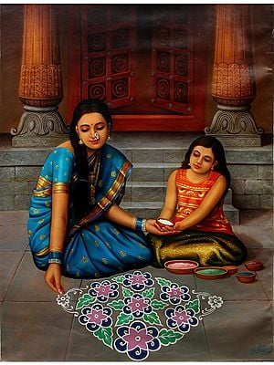 Mother and Daughter Making Rangoli | Oil On Canvas
