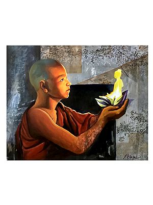 Monk Worship Buddha | MK Goyal | Mix Media on Canvas