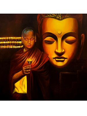 Buddha Worshiped by a Monk | Painting by MK Goyal