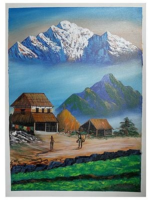 Village of Annapurna Mountain Painting | Oil On Canvas
