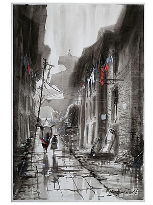 Bhaktapur Street Raining Watercolour Painting | Oil On Canvas