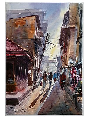 Bhaktapur Street Market Watercolour Painting | Oil On Canvas