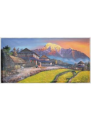 Mountain Dhaulagiri Village Painting | Oil On Canvas