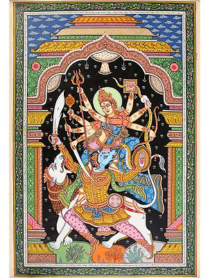 Superfine Fierce Goddess Durga Killing Mahishasura With Lion | Patta Painting | Odisha Art