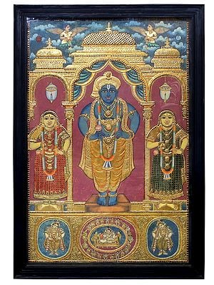 Shri Krishna with Rukmini and Satyabhama | Traditional Colors With 24K Gold