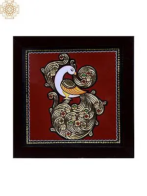 Peacock with Golden Curly Tail | Tanjore Art with Gold Foil Work