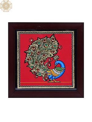 Blue Peacock with Long Tail | Tanjore Art with Gold Foil Work