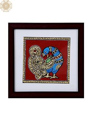 Blue Peacock with Golden Tail | Tanjore Art with Gold Foil Work