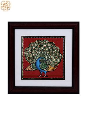 Peacock with Open Tail | Tanjore Art with Gold Foil Work