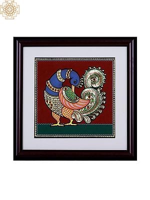 Peacock with Long Tail | Tanjore Art with Gold Foil Work