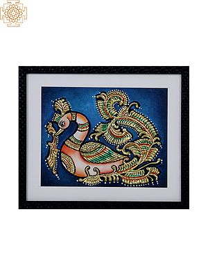 Peacock with Colorful Long Tail | Tanjore Art with Gold Foil Work