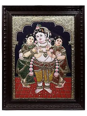 Lord Krishna With Satyabhama Rukmani | Traditional Colors With 24K Gold