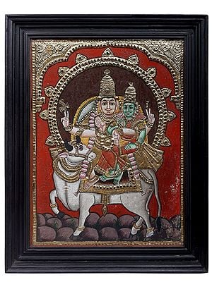 Lord Shiva with Parvati Seated on Nandi | Traditional Colors With 24K Gold