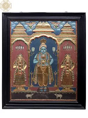 Lord Vishnu with Shridevi and Bhudevi | Traditional Colors With 24K Gold