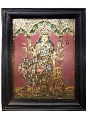 Goddess Maa Durga Tanjore Painting | Traditional Colors With 24K Gold | Teakwood Frame | Gold & Wood | Handmade | Made In India