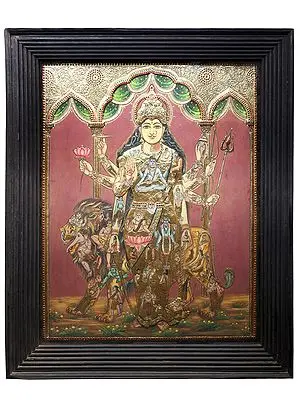 Goddess Maa Durga Tanjore Painting | Traditional Colors With 24K Gold | Teakwood Frame | Gold & Wood | Handmade | Made In India