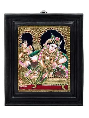 Relaxing Krishna Tanjore Painting | Traditional Colors With 24K Gold | Teakwood Frame | Gold & Wood | Handmade | Made In India
