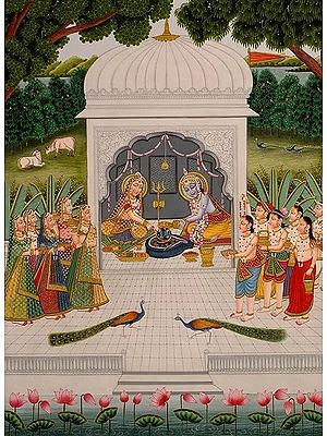 Radha Krishna and Companions Worship the Shiva Linga