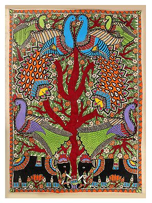 Peacocks on Tree & Pair of Black Elephant | Madhubani Painting