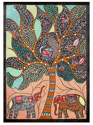 Pair of Elephant and Tree with Birds | Madhubani Painting