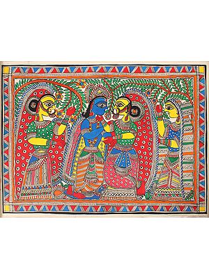 Radha Krishna with Gopis | Madhubani Painting